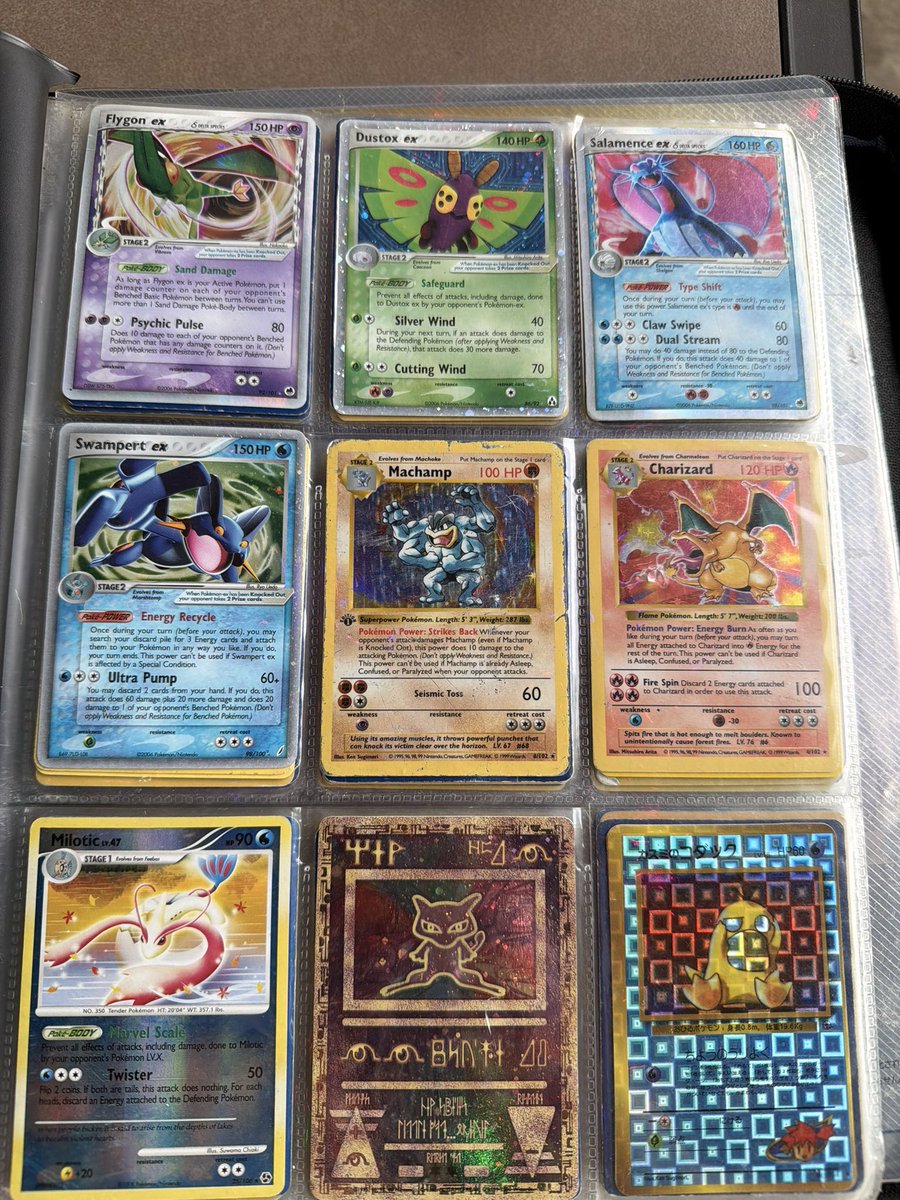 BrungusTwo's tweet photo. Talking to a cousin from the wife’s side and he’s like yeah I’ve got some old pokemon cards from when I was a kid idk if they’re worth anything. I offer to check them out and sell them for him. And then he hands me this. https://t.co/WRhILh7Q5d