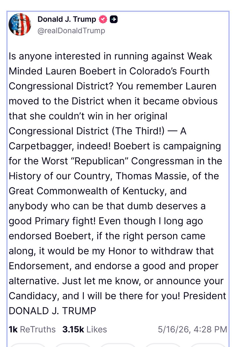 eluning's tweet photo. Donald Trump wants to back a primary challenge against Rep. Lauren Boebert, who is in Kentucky today campaigning for Rep. Thomas Massie, a Trump nemesis. Unfortunately, it’s too late — Colorado’s primary ballot has been finalized. #copolitics https://t.co/nXqFrcoW8Y