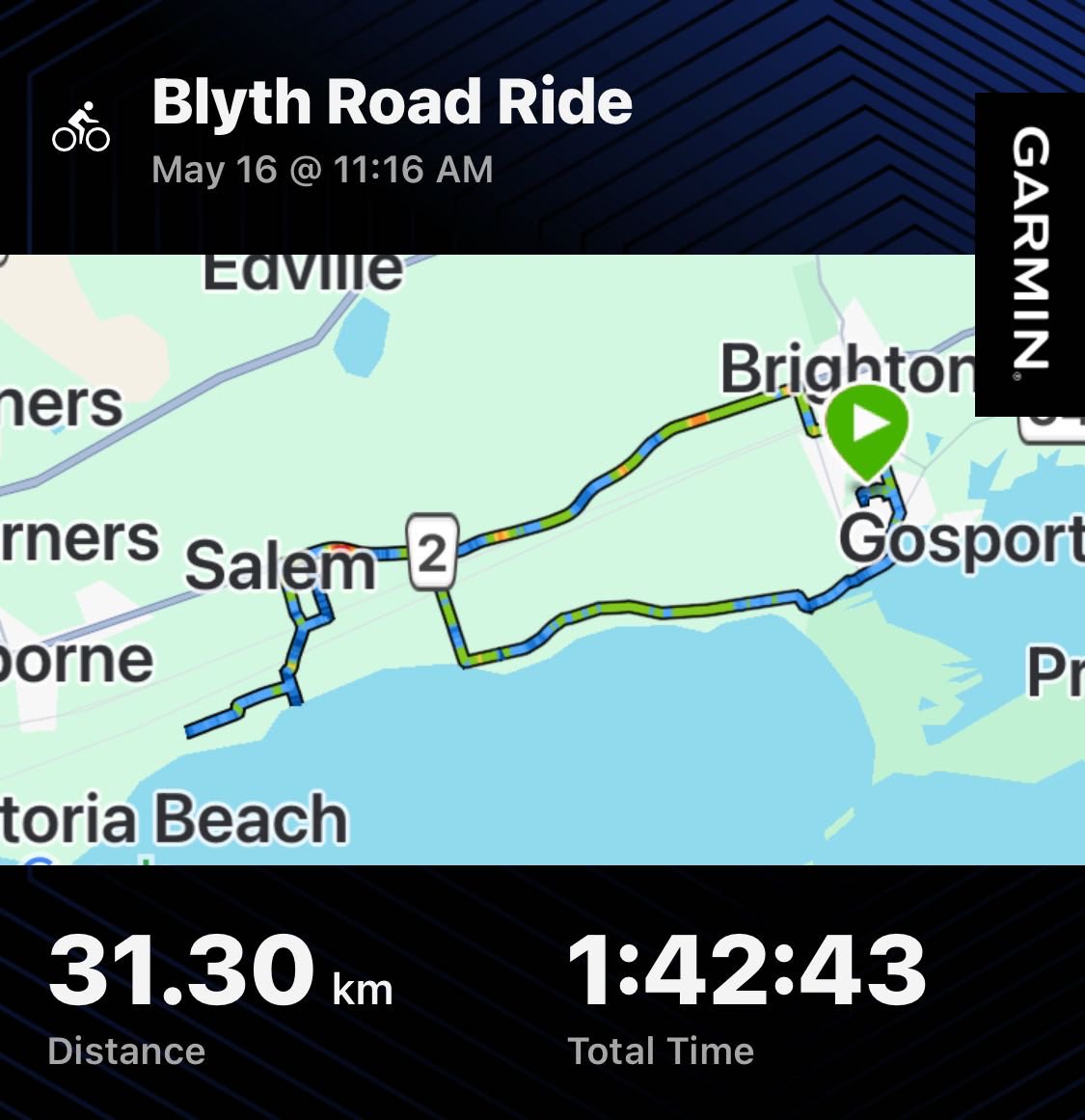 Gizerhoff's tweet photo. Ride #11, 31K, 15C with south winds of 12. YTD total K, 256 KM. Longest ride of the year. https://t.co/g4NnF8Ihpg