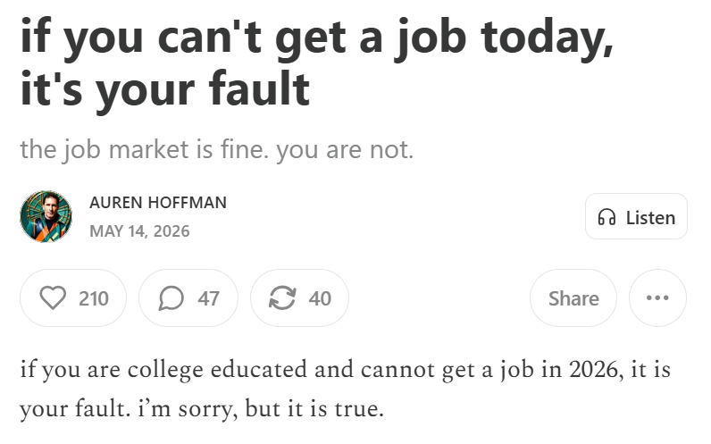 Substack's tweet photo. Auren Hoffman on how a college degree broke as a signal, and his blunt advice for 22-year-old job seekers today https://t.co/mEsZPY9rma