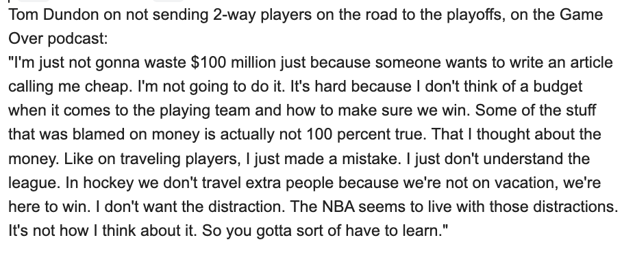 MikeVorkunov's tweet photo. Tom Dundon said it was a "mistake" to not send 2-way players on the road. He said Blazers spend $100 million more than the Hurricanes. From his interview on the Game Over pod:

"I'm just not gonna waste $100 million just because someone wants to write an article calling me cheap" https://t.co/pjsan5zk6S