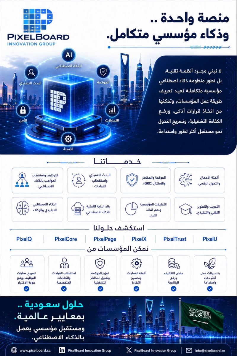 PixelBoardGroup's tweet photo. حلول سعودية .. بمعايير عالمية.
ومستقبل مؤسسي يعمل بالذكاء الاصطناعي.
PixelBoard Innovation Group https://t.co/W4bXYpx398