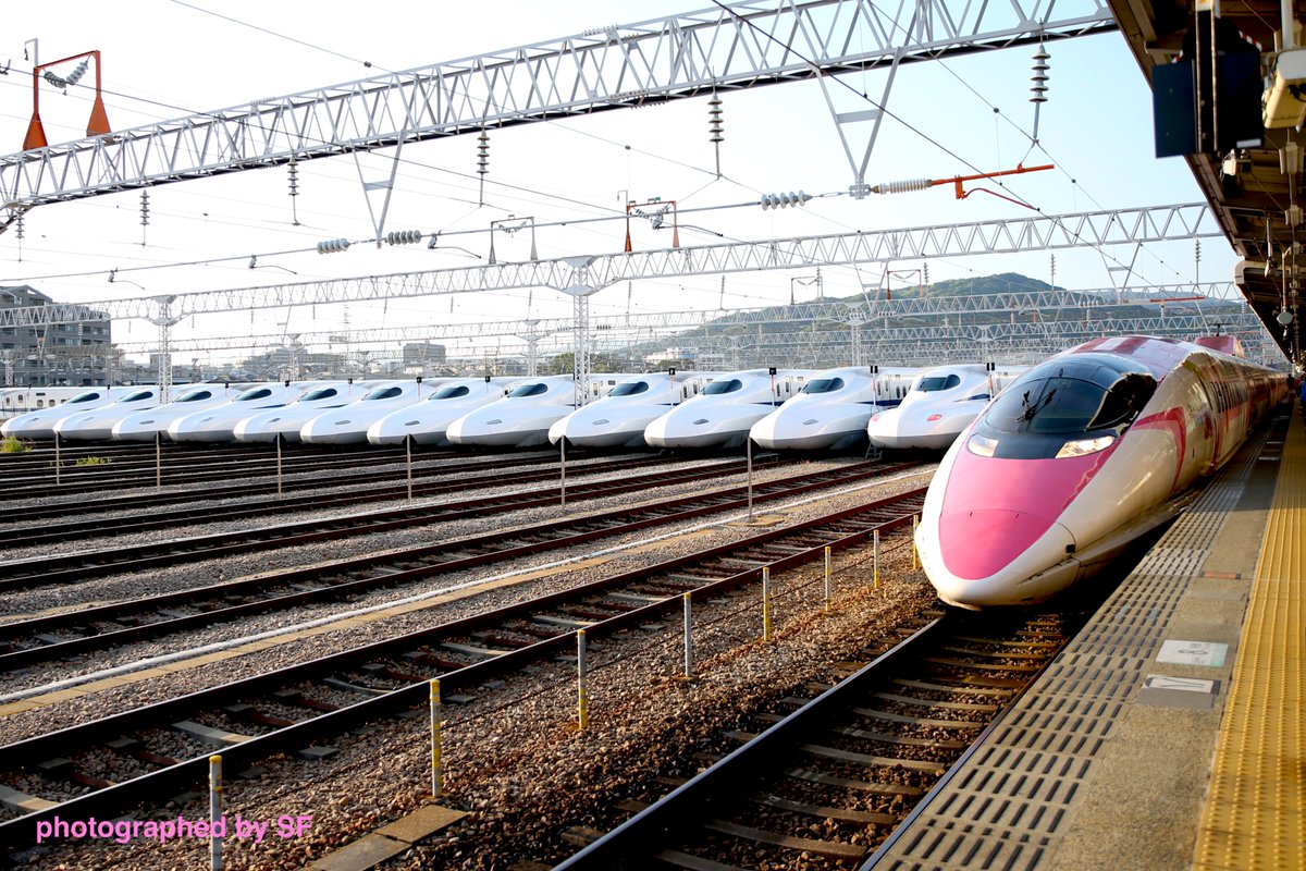 sf272's tweet photo. 居並ぶ後輩たちに見送られ、ハローキティ500系が博多南駅に入線
（2026.05.15 / V2 / 942A） https://t.co/JEMgfUttso
