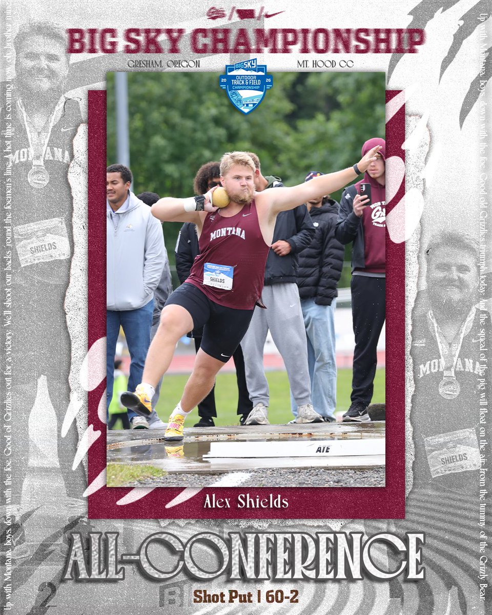 MontanaGrizTFXC's tweet photo. 🥈 𝑨𝑳𝑳-𝑪𝑶𝑵𝑭𝑬𝑹𝑬𝑵𝑪𝑬 🥈

It's silver for Alex Shields in the men's shot with a throw of 60-2! 💣 https://t.co/GVZXbjjSO0