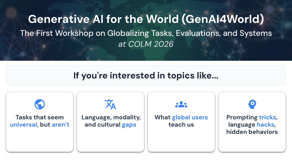 GenAI4World Workshop @ COLM 2026 tweet media
