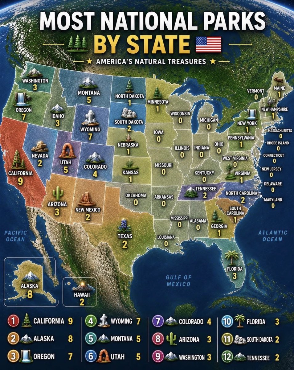SanDiegoSnaps's tweet photo. MOST NATIONAL PARKS BY STATE 🌲🇺🇸
From Alaska’s wild glaciers to California’s legendary landscapes, these states are home to America’s greatest natural treasures 🏔️✨
#NationalParks #USA #TravelAmerica #NatureLovers #AmericanWest #GeographyFacts #USAMap #AdventureTravel #ExploreUSA #MapDesign