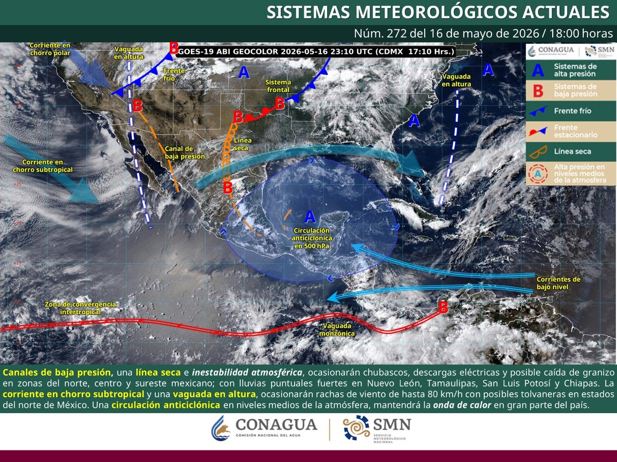 conagua_clima's tweet photo. Con el #Pronóstico general vespertino, infórmate de las condiciones #Meteorológicas que se prevén en #México, durante esta noche, así como el domingo  ⬇️
https://t.co/R8Yan9vLdN https://t.co/WprFpjLLUz
