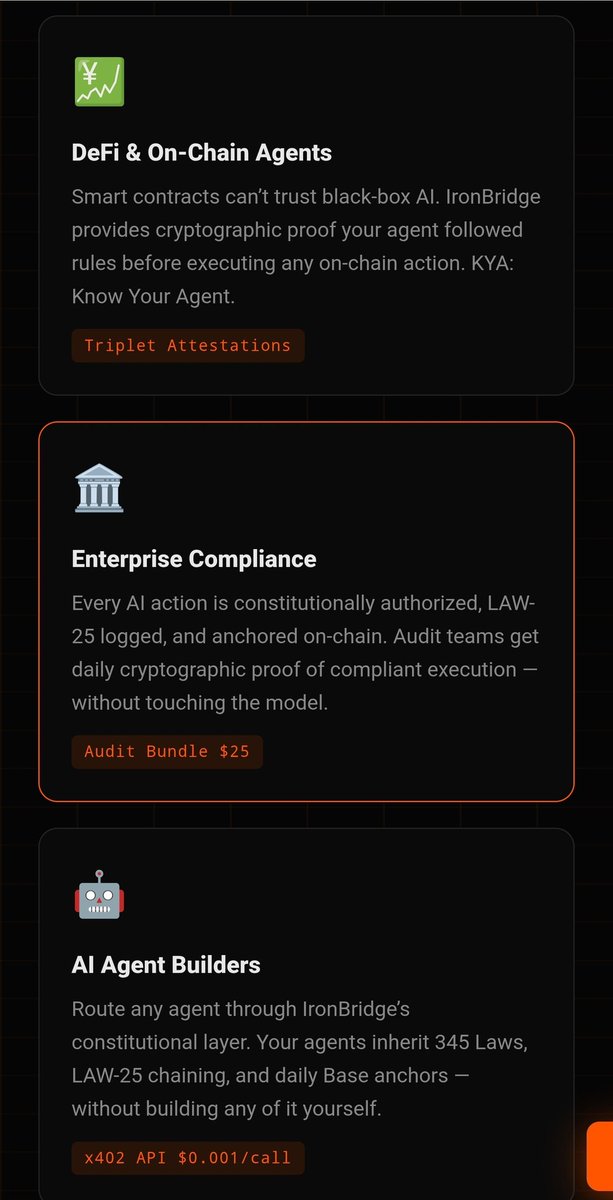 3lCunad0's tweet photo. The Constitution for Agent's is Here! $Iron   0xbd072aba9cad9d573a5b3498f79b117dbefdc7f4          ​The future of AI isn't just prompts—it's law! IronBridge is pioneering autonomous, constitutional AI with an army of 16 soldiers enforcing 345 strict rules, anchoring every action on Base L2 via the LAW-25 chain. This ensures total accountability and security for enterprises and DeFi alike.
​As sovereign agents flood the market, states and institutions need binding laws, not just loose guidelines. $IronBridge provides that unyielding architectural layer, ensuring agents obey the code, period. Rogue incidents? Zero.
​The ecosystem is already scaling. $SOLVR has officially stepped up as a verified partner and the first external project to integrate with #IronBridge, leveraging this infrastructure as the canonical reference for the bearer relay.
​With $IRON staking and the Constitutional Passport, this isn't just another AI tool; it’s a sovereign economic primitive that provides a second sovereign server online to double capacity. Don’t fade the future of compliant AI—get your passport, because in 2026, authorization matters!
​P.S. For the non-tech crowd who don't speak fluent computer: Think of this like an army of 16 robot helpers that have to follow incredibly strict rules. Instead of just doing whatever wild thing someone asks them to do, these digital soldiers are hardcoded to obey 345 specific laws that absolutely cannot be broken. It's literally a constitution for robots, ensuring they always play by the rules and never go rogue. #RobotConstitution #AutonomousAgents #BaseL2 #IronBridge #SOLVR #kevincodex #base #gitlawb