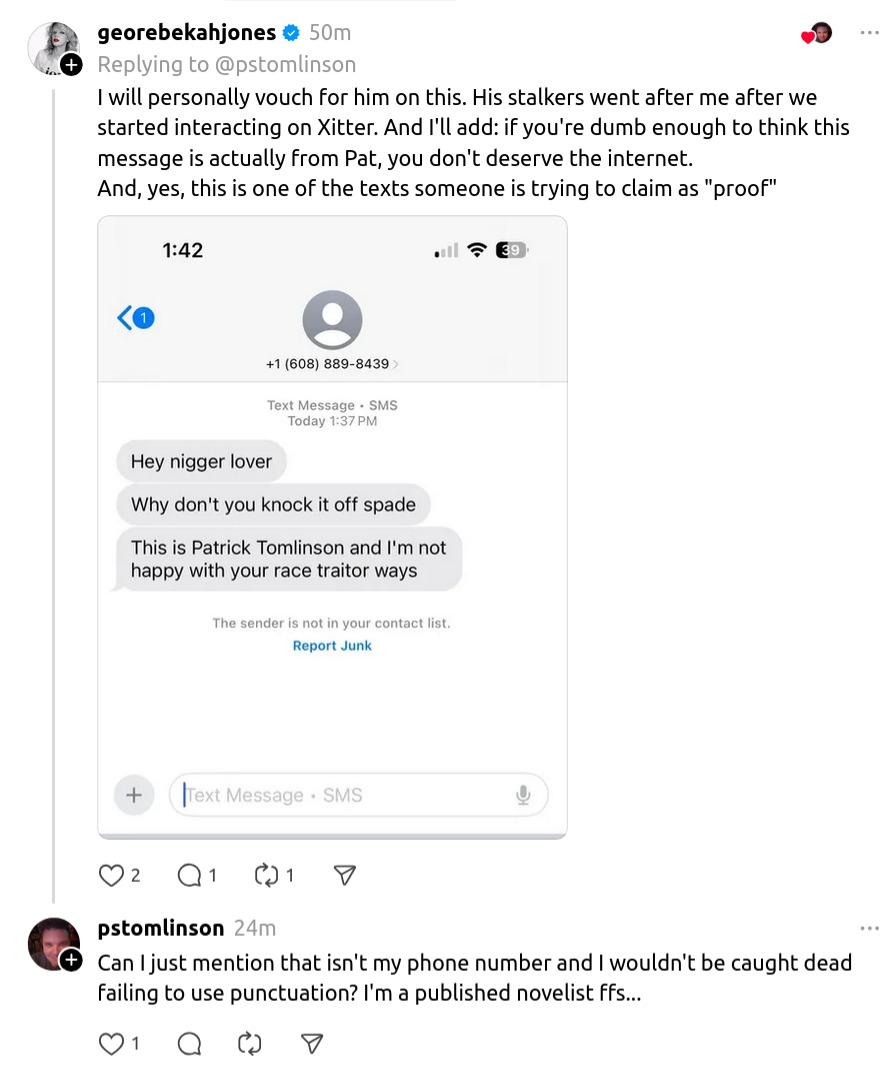 notanicepiece's tweet photo. Nice convicted cyberstalker vouching for you, stupid.

Also, being published doesn't mean you don't suck at writing:
- Fonald Plump
- Tim the Terror
- Disabled trans alien space crabs... you couldn't worse if your tried.
https://t.co/BUTvV91XYV https://t.co/hkIP2vDB9z