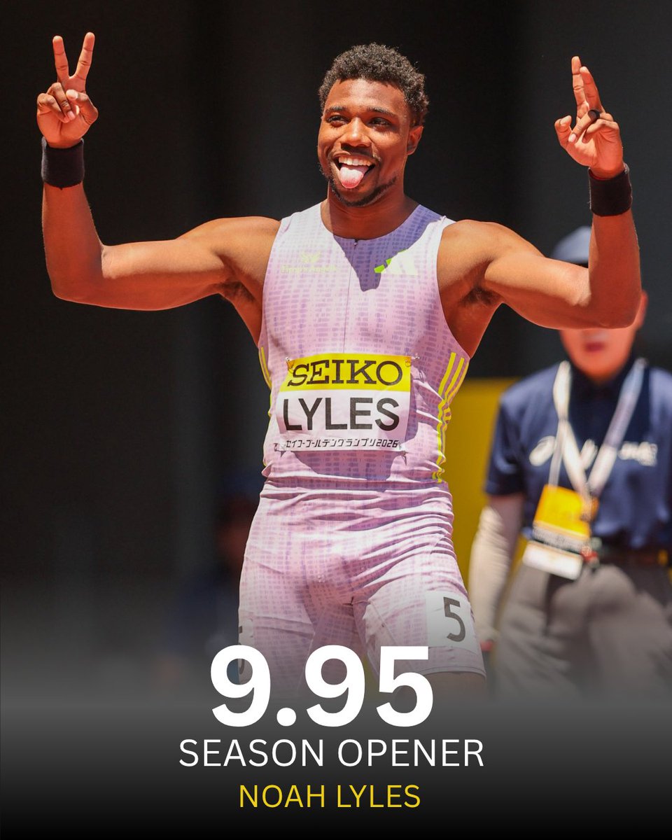 TrackGazette's tweet photo. 9.95s!!🔥

Noah Lyles 🇺🇸 clocks a time of 9.95s (0.6) to win the men's 100m at the Seiko Golden Grand Prix in Tokyo!

His first 100m race of the year.

18-year-old Tate Taylor 🇺🇸 was 2nd in 10.04s (0.6), followed by his training partner Jake Odey-Jordan 🇬🇧 in 10.09s. https://t.co/2HRwIkvIMp