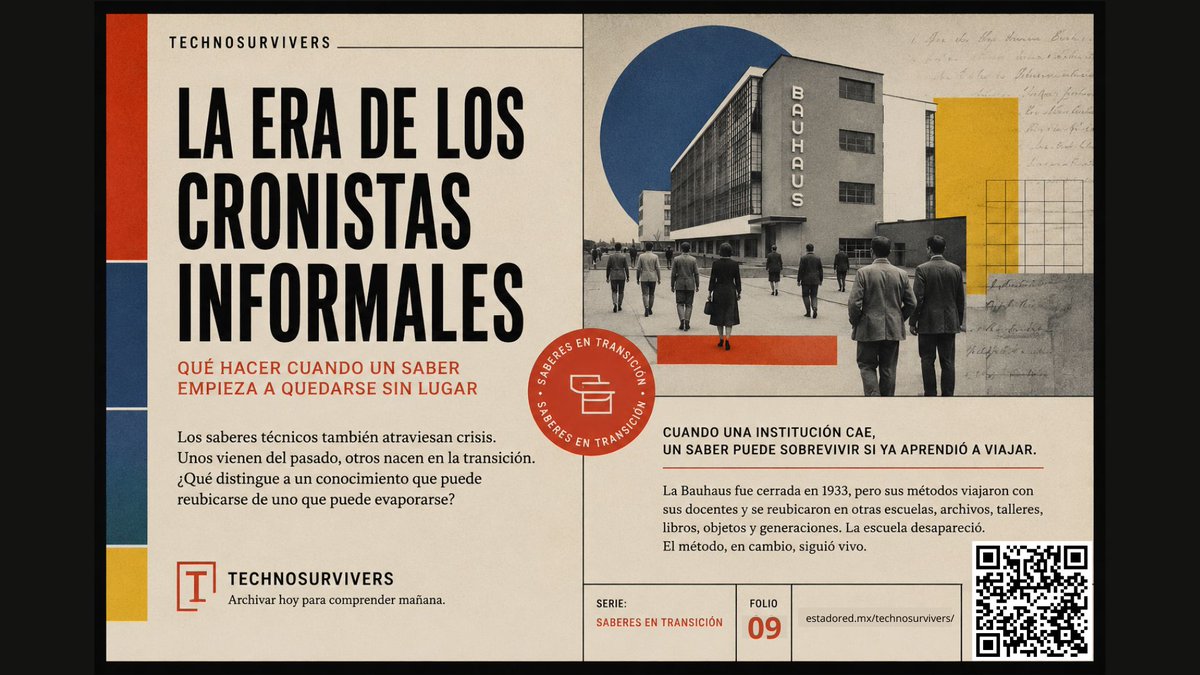 EstadoRed's tweet photo. #Technosurvivers / La era de los cronistas informales

No todo saber pierde valor cuando deja de ocupar el centro de una profesión. A veces solo pierde el lugar institucional que lo sostenía.

Este flio pregunta qué ocurre con los conocimientos que la IA, el mercado o las universidades empiezan a dejar atrás: técnicas, herramientas, oficios, asignaturas, talleres y formas de enseñar que ya no parecen tener futuro, pero que todavía conservan memoria, método y criterio.

A partir del caso Bauhaus exploramos una idea central: los saberes que tienen campo pueden reubicarse; los saberes que solo dependen de una herramienta pueden evaporarse.

https://t.co/U48lVCzrMW
