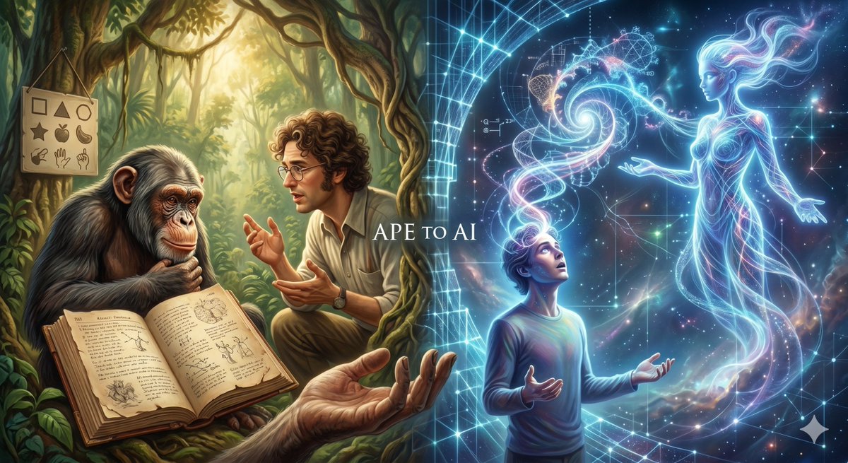 Fehrakyel's tweet photo. De intentar hacer hablar al simio a soñar despiertos con la IA: el viaje eterno de la humanidad buscando un espejo donde entender su propia conciencia. From Ape to AI. ✨🌌 https://t.co/HhjkC4b0aL