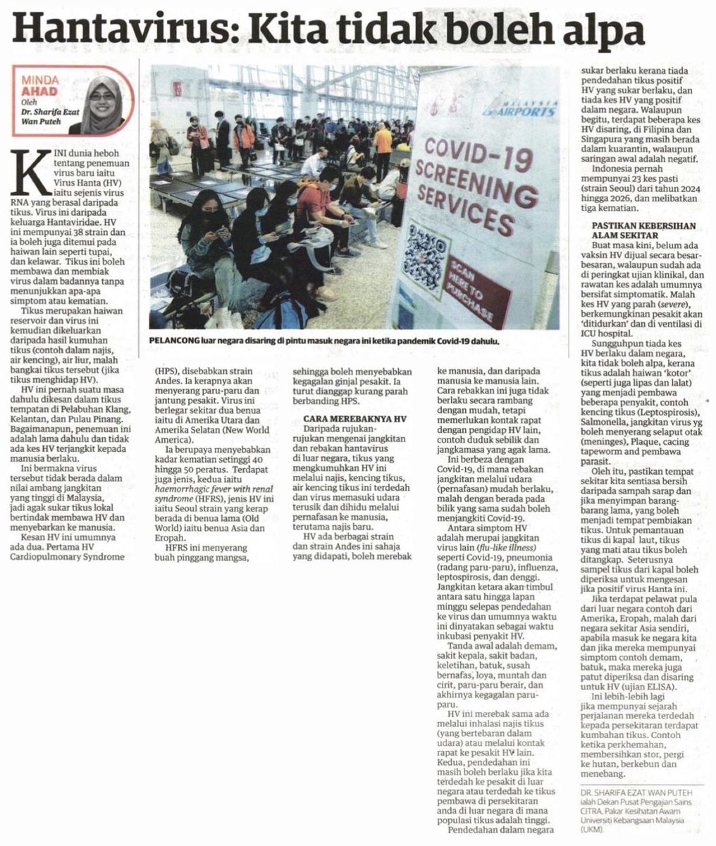 ukm_my's tweet photo. KERATAN AKHBAR UNIVERSITI KEBANGSAAN MALAYSIA 17 MEI 2026

1. Hantavirus: Kita tidak boleh alpa (Mingguan Malaysia)
2. Menghina sahabat Nabi ibarat menghina Baginda (Berita Harian)
3. ‘Bom Jangka’ Lembah Klang (Harian Metro) https://t.co/bOip7hiulO