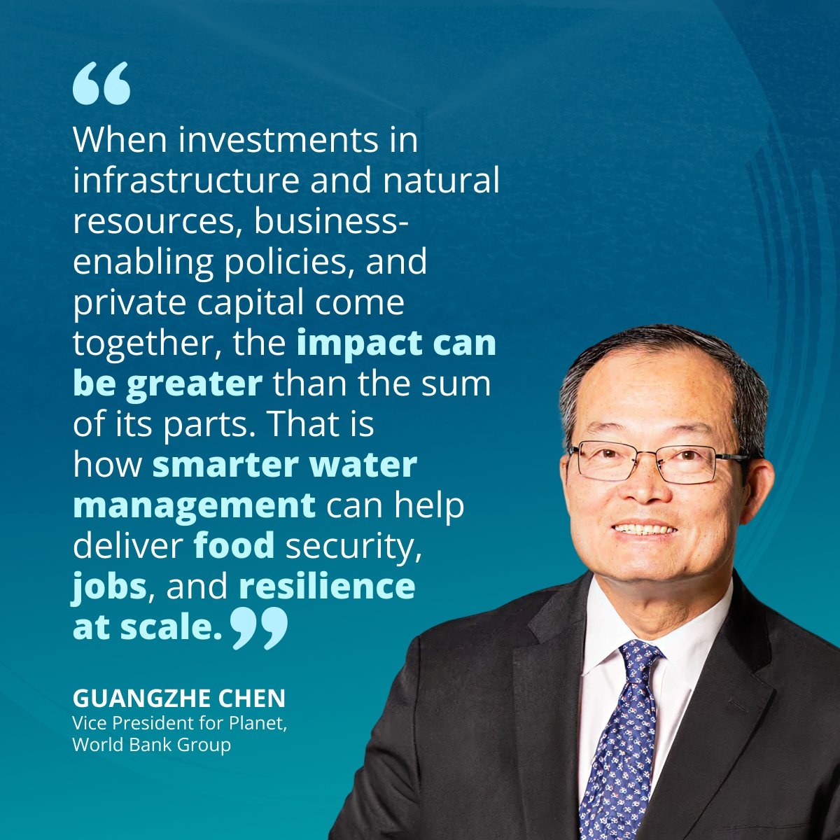 WorldBankWater's tweet photo. In his latest blog, @GuangzheChen outlines how countries can shift from water risk to water opportunity through smarter policies, better data &amp; investment that delivers results.

Feeding the future is ultimately about better choices - for people &amp; planet. https://t.co/az60JXvatV https://t.co/COv1xh8Wwa