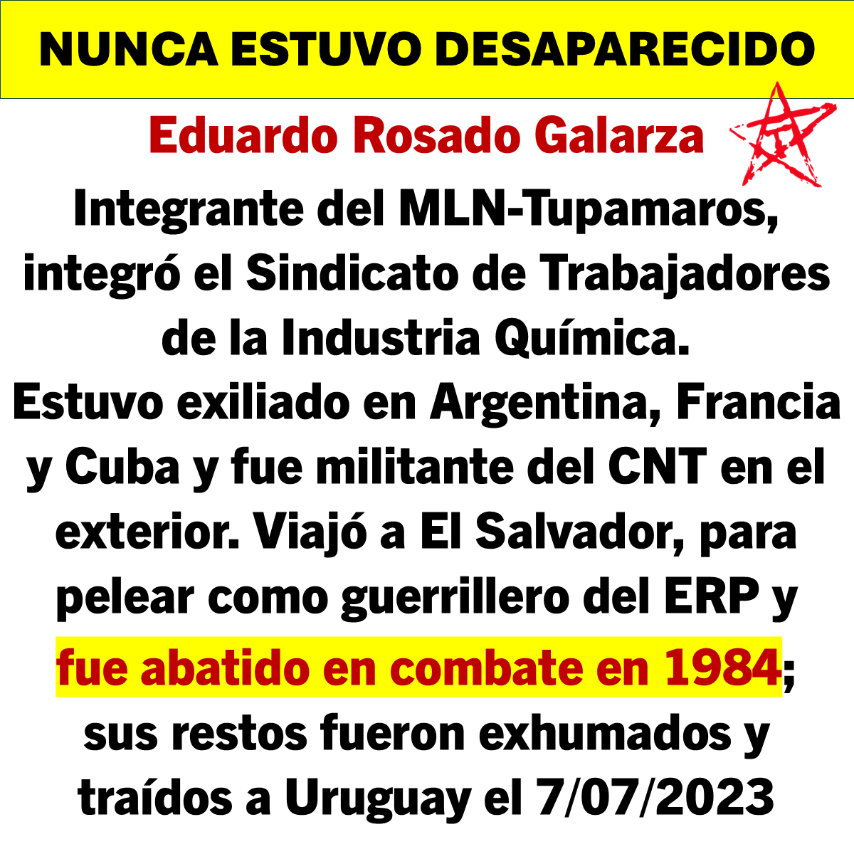 SeUruguay's tweet photo. Nos siguen #ESTAFANDO
El #terrorista #Tupamaros, Eduardo Rosado Galarza, NUNCA ESTUVO #DESAPARECIDO. Hasta los #zurdos contaron su verdadera historia.
Se fue a joder a otros países y encontró la muerte en 1984, cuando fue abatido. https://t.co/3LXO3PZ5IA
#SeTieneQueSaber 🇺🇾 https://t.co/DK7fBTsbQO