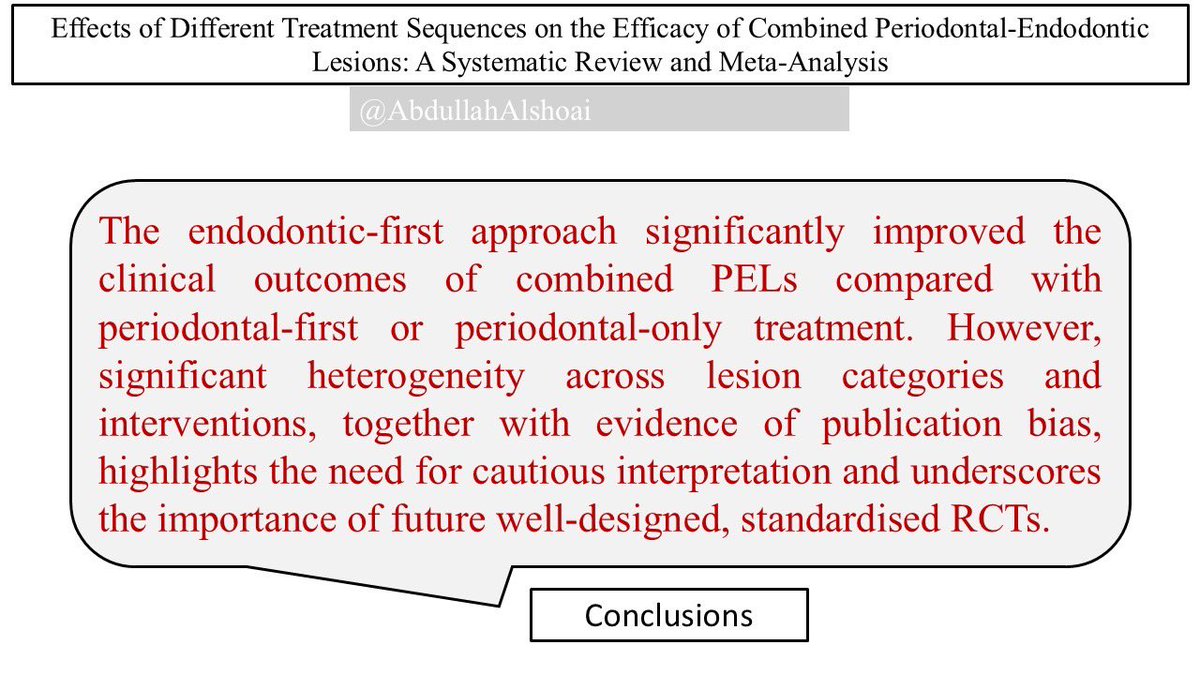 AbdullahAlshoai's tweet photo. #Dental_updates 

Effects of Different Treatment Sequences on the Efficacy of Combined Periodontal-Endodontic Lesions: A Systematic Review and Meta-Analysis

International dental journal 76 (2026) 104021 https://t.co/1S1su68go4