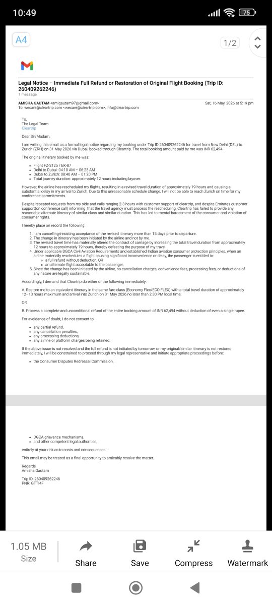 justsayindia's tweet photo. @Cleartrip I hope @Cleartrip doesn't do same fraud or convey misinformation in future to any other customer FYI, I have all the mails and records of calls if they deny any of these charges. Refer to the mail. They have not issued a written apology yet . @DGCAIndia @jagograhakjago @PMOIndia https://t.co/JEeLvfNUgM