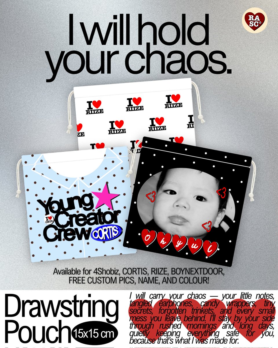 rasc56_zip's tweet photo. Pre-Order Drawstring Pouch by @rasc56_zip ⭐
'I Will Carry Your Chaos'
[help <3 and repost much appreciated 🫶🏻]

🗓 Pre-Order start from 17 Mei - 27 Mei 2026.
🔗 https://t.co/45HUYqR7Hi 
🌍 WW Go? DM! 

⭐️ AVAILABLE ⭐️
CORTIS, LNGSHOT, RIIZE, BoyNextDoor &amp; FREE CUSTOM! https://t.co/1Aae0ZbK1W