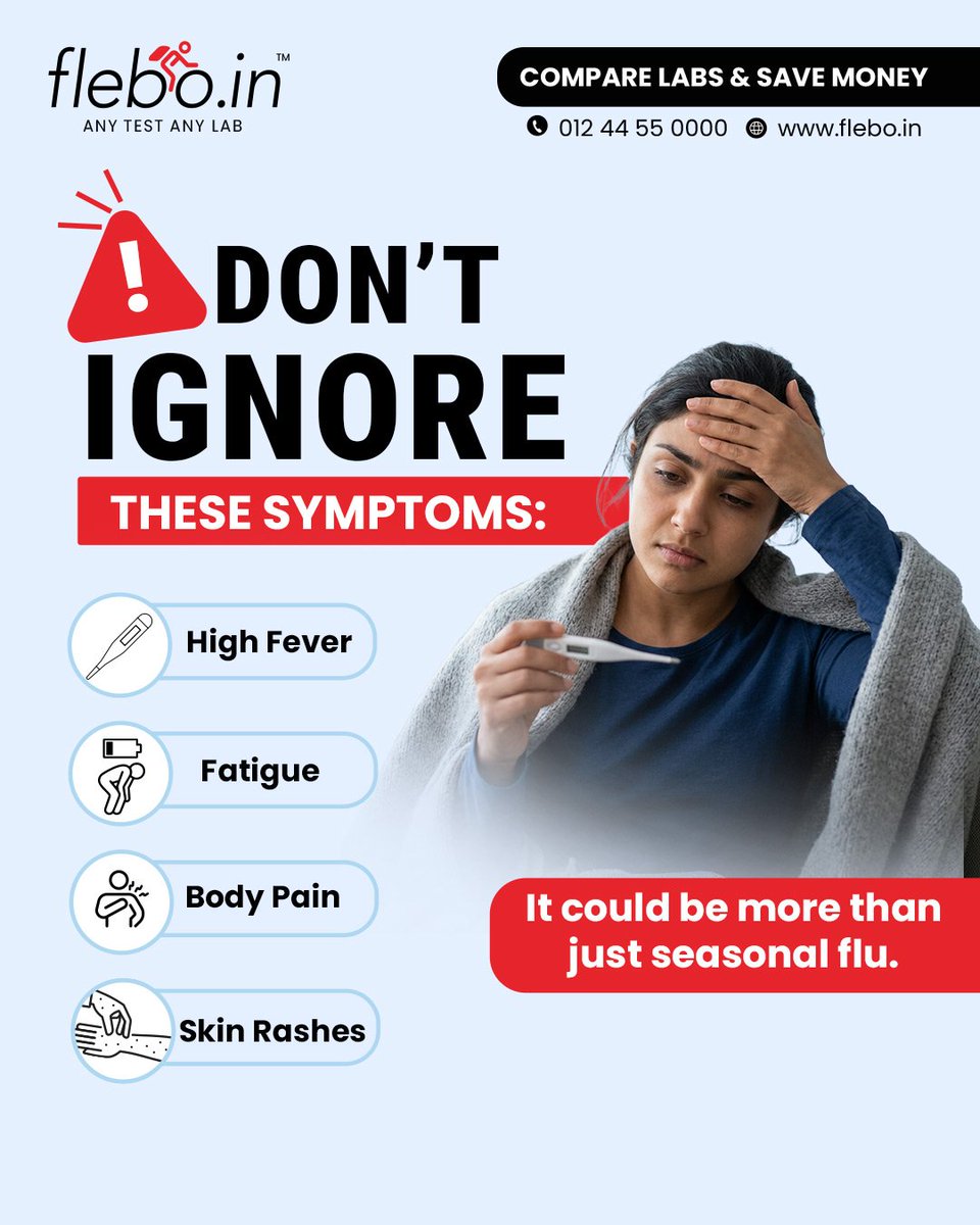 FleboOfficial's tweet photo. ⚠️ Dengue season is here

High fever, fatigue, body pain, and skin rashes are common signs.

💉 Book the Dengue NS1 Antigen Test on https://t.co/rUR8YsiPHz

Tests starting at ₹120*

Stay protected. Stay aware. 🙏🏻

#Flebo #Dengue #Viral #Test #AI #Checkup https://t.co/jBX2EYMlUf