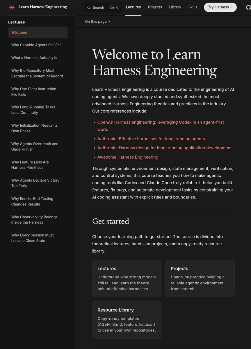 Learn Harness Engineering homepage showing lecture topics on why capable agents fail, continuity loss, premature victory, and observability