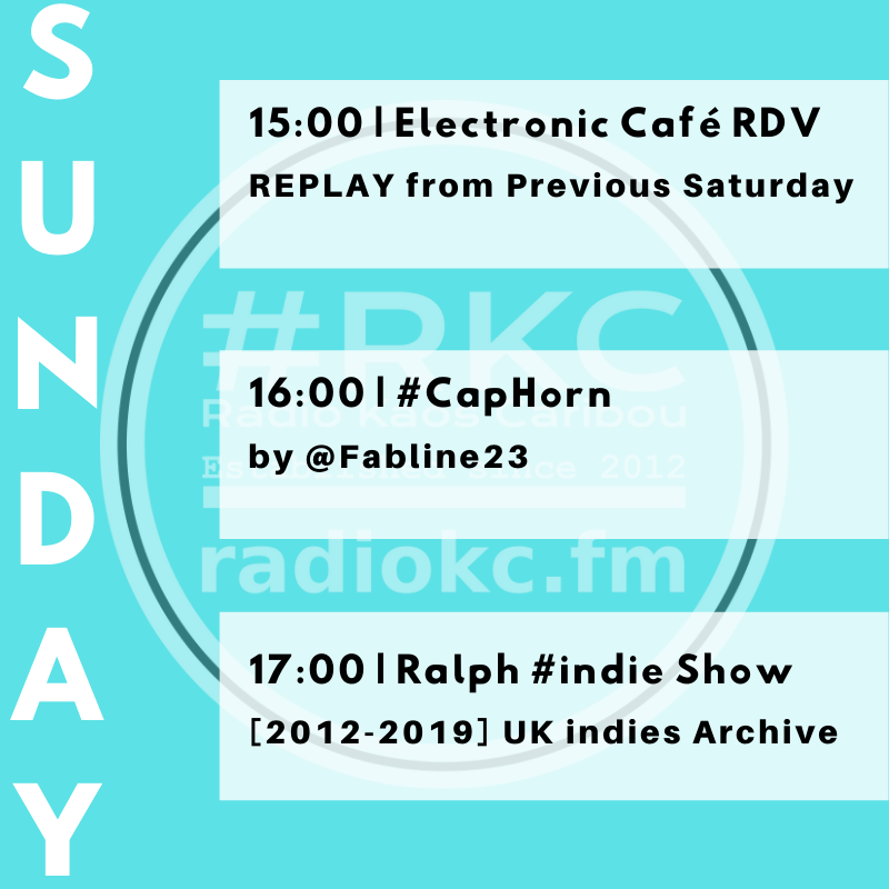 RadioKC's tweet photo. Time to announce 1st #SUNDAY #Radio Shows on #🆁🅺🅲

NOW w/

➡️@ElecCafe #Rendezvous #Electronic #Music Fantasy

➡️Sonic trip w/ @Fabline23's #CapHorn

➡️Best #UK [2012-2019] #indies w/ Ralph│Brian 
@RalphsLife │ @fruitbatwalton #indie Show

🆃🆄🅽🅴 📻 https://t.co/FmdGq0Logy https://t.co/62ZXKSXMHr