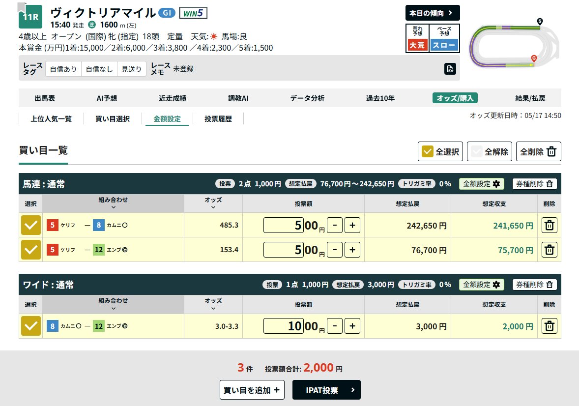 fl_winter's tweet photo. ヴィクトリアマイルはワイド転がしで手に入れた1,000円で夢馬券を買うます。
軸：ケリフレッドアスク
相手：エンブロイダリー、カムニャック

本命馬券はエンブロイダリー、カムニャックのワイド

ミナレット以来の特大馬券をくれ～ https://t.co/g8MtRsMiYW