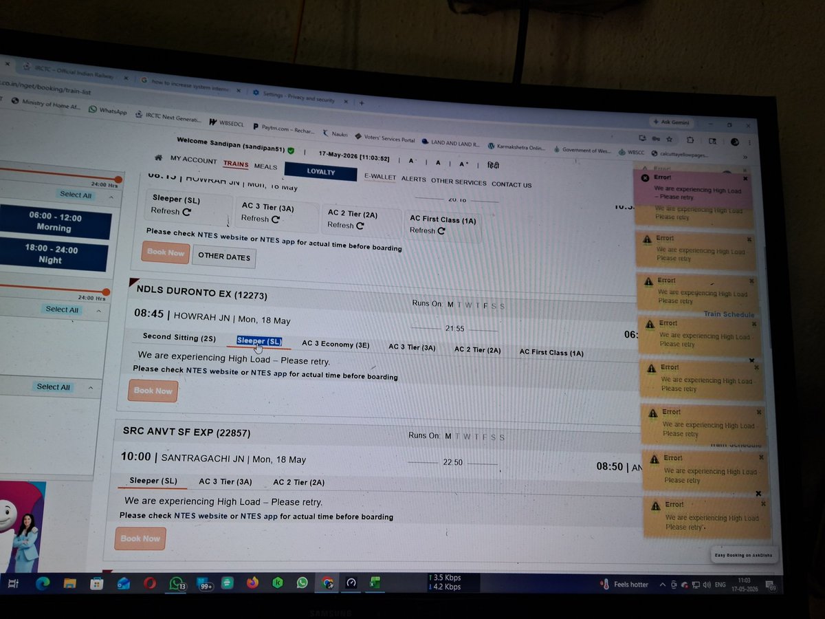 SandipanTiary's tweet photo. @IRCTCofficial @RailMinIndia During the TATKAL ticket booking time, IRCTC website is being higher loaded to TATKAL ticket booking, that's why we didn't get any tatkal tickets. Please solve the problem. https://t.co/Lg1YWqAGrD