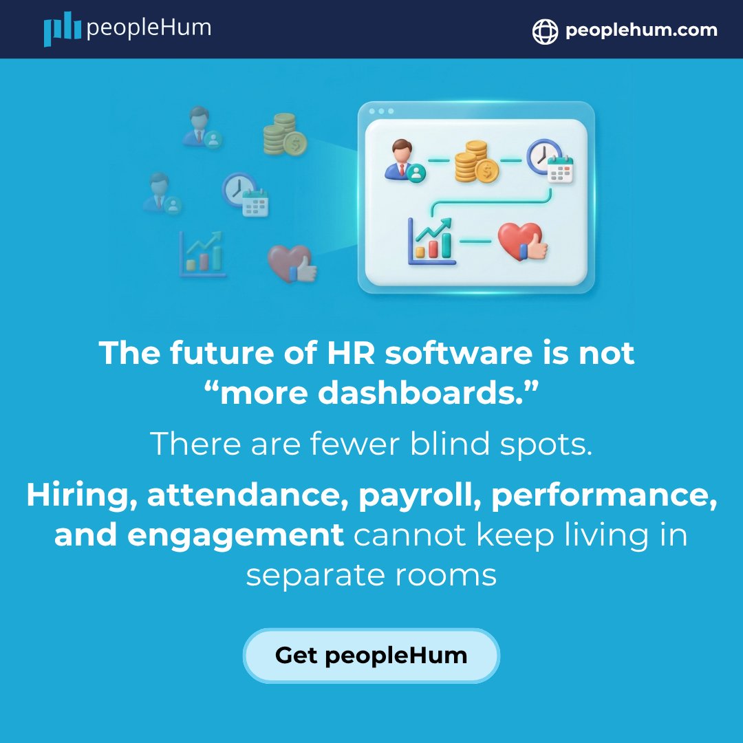PeopleHum's tweet photo. Dashboards aren’t the future.
Connected workflows are.
👉Bring hiring, attendance, payroll, performance, and engagement into one system—so blind spots disappear—with peopleHum
#HRTech #PeopleAnalytics #WorkDesign #PerthSantaConcert https://t.co/Xfomh8NHqB