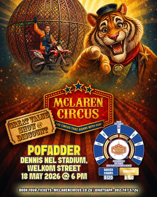 mclarenscircus's tweet photo. #McLarenCircus are on the road again from #Springbok to #Pofadder for one show only on Monday at 6pmπͺππ¦π―π΄π©π€‘π©ππ
π₯³β€οΈ
Coming Soon #Kakamas #Upington #Kathu & #Kuruman #NoordKaap #NorthernCape
Blessed Sunday Durban City Orbit Slot
Buy Tickets Online: https://t.co/Y5XPaa1RcI https://t.co/ED8sTKSHNU