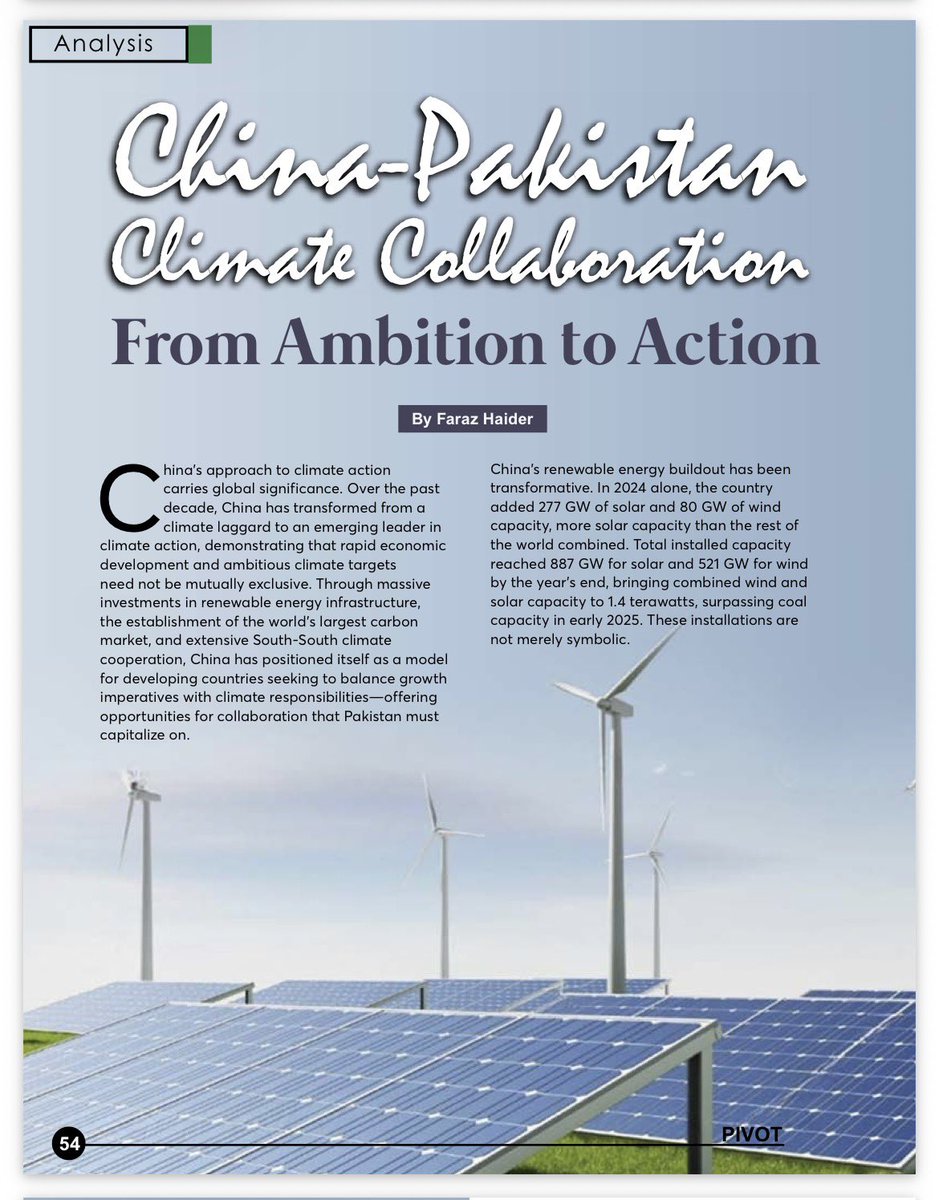 Pivot_ISSI's tweet photo. Published in PIVOT Magazine, China-Pakistan Climate Collaboration: From Ambition to Action by Faraz Haider explores how bilateral cooperation can advance climate resilience, renewable transition, and sustainable development. https://t.co/RzbLq38Ae7
