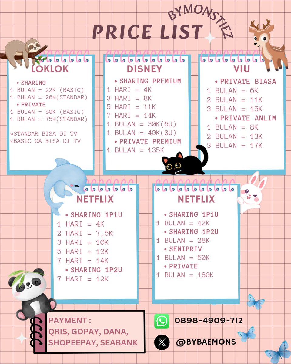 bybaemons's tweet photo. ୨୧˚𝙿𝚁𝙸𝙲𝙴 𝙻𝙸𝚂𝚃 𝙱𝚈𝙼𝙾𝙽𝚂𝚃𝙸𝙴𝚉˚୨୧⋆
Aplikasi Premium🧚‍♀️
💵 payment : qris, e-wallet, seabank
📲 order by whatsapp 
⌚ jam operasional (fast respon) 
weekday : 17.00 WIB - 22.00 WIB
weekend : 08.00 WIB - 23.00 WIB

#zonauang #maucari #bealanja #zonaba #zonajajan https://t.co/T6YhGyZuXz