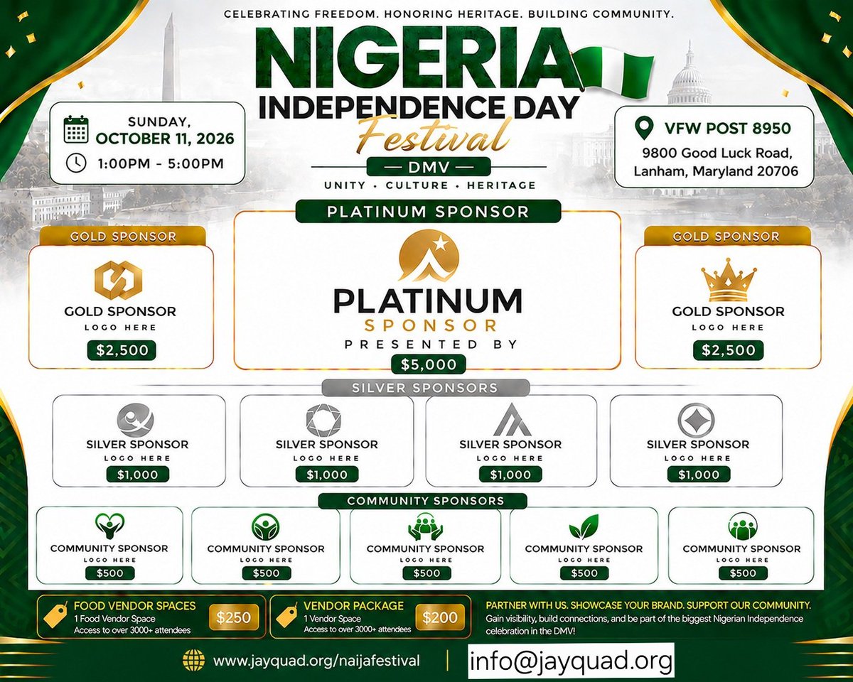 JayQuadNGO's tweet photo. Nigerian Independence Day Festival in Maryland (DMV). Free but registration needed. Vendors &amp; Sponsorship needed. 
Sunday, October 11th, 2026
1pm to 5pm (No African Time) 
9800 Good Luck Rd, Lanham, MD 20706

#naijafestivaldmv #nigeriaindependence #october1st #nigeria #afrobeats https://t.co/2qdGQ30ZqX