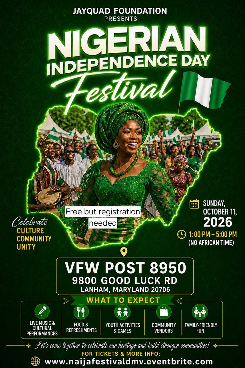 JayQuadNGO's tweet photo. Nigerian Independence Day Festival in Maryland (DMV). Free but registration needed. Vendors &amp; Sponsorship needed. 
Sunday, October 11th, 2026
1pm to 5pm (No African Time) 
9800 Good Luck Rd, Lanham, MD 20706

#naijafestivaldmv #nigeriaindependence #october1st #nigeria #afrobeats https://t.co/2qdGQ30ZqX