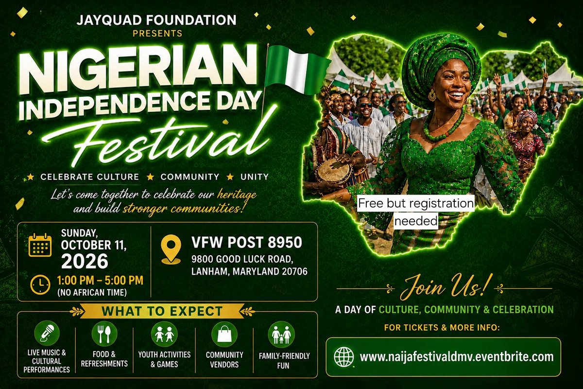 JayQuadNGO's tweet photo. Nigerian Independence Day Festival in Maryland (DMV). Free but registration needed. Vendors &amp; Sponsorship needed. 
Sunday, October 11th, 2026
1pm to 5pm (No African Time) 
9800 Good Luck Rd, Lanham, MD 20706

#naijafestivaldmv #nigeriaindependence #october1st #nigeria #afrobeats https://t.co/2qdGQ30ZqX