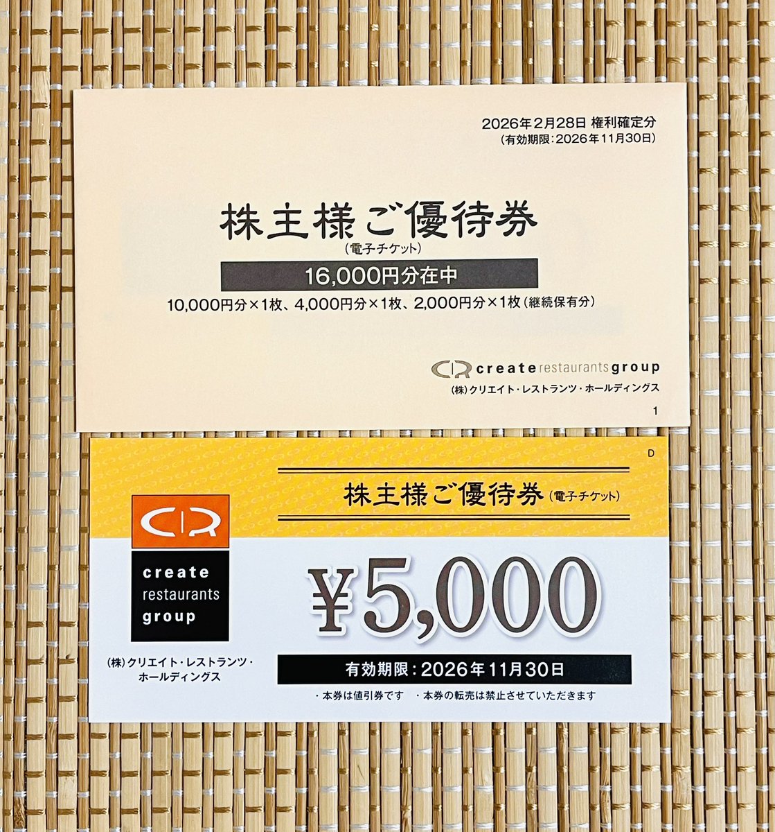 クリエイト・レストランツ株主優待券16,000円分