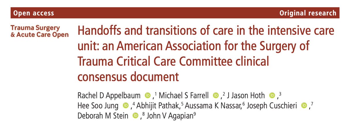 TSACO_AAST's tweet photo. In the ICU, every handoff is a high-stakes transfer of responsibility. This consensus document lays out practical approaches to improve transitions of care and protect patients through better communication. Read more->  https://t.co/ASaGEwcfsK

#TSACOTop10 #TSACOAnniversary https://t.co/jIVIxkLr0y