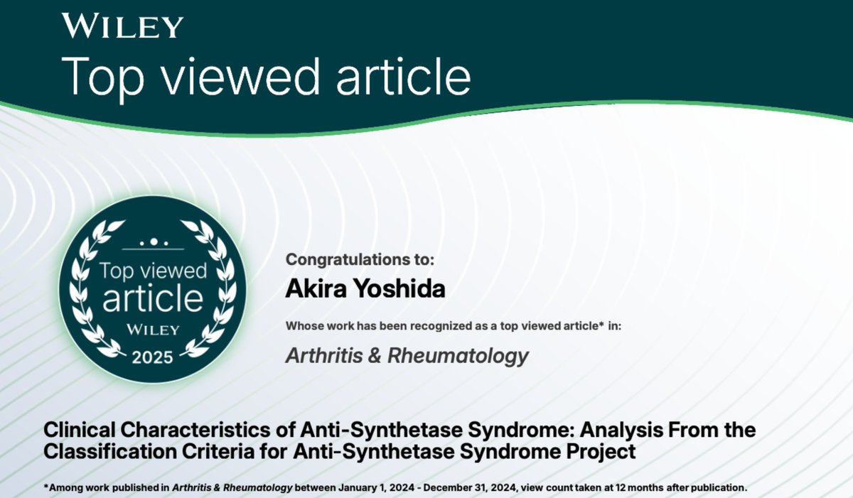 akiyosshii1's tweet photo. Our article from the CLASS project received enough views to be a Top Viewed Article in Arthritis and Rheumatology @ACR_Journals  Read it here https://t.co/Me93Gt0DAK #TopViewedArticle @wileyinresearch https://t.co/b0epGJ2RCB