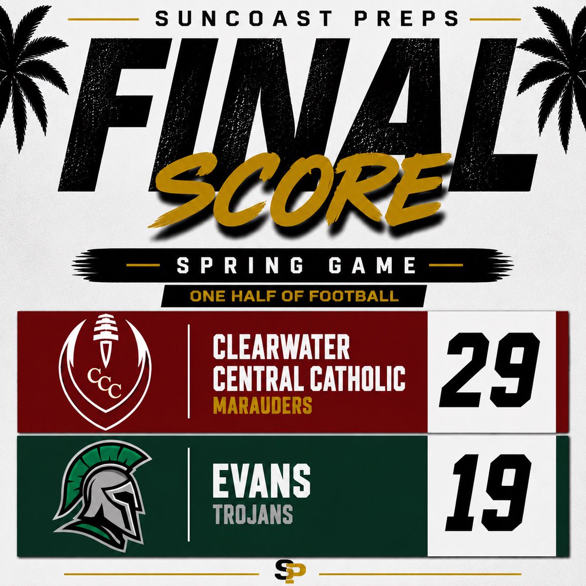 SuncoastPreps's tweet photo. FINAL | SPRING GAME

Clearwater Central Catholic 29
Evans 19

(One Half) https://t.co/QdfCyBFolb
