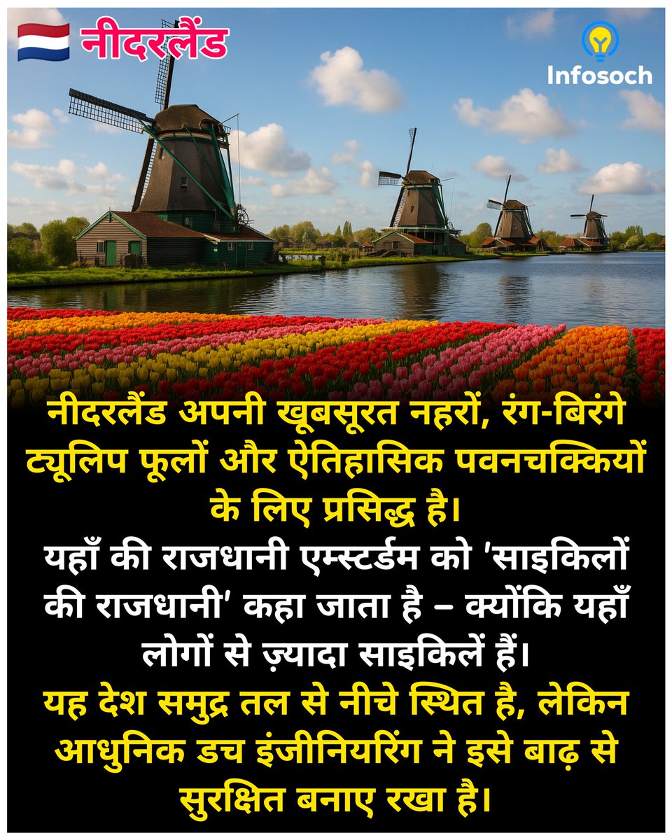 Infosoch_'s tweet photo. 🚲 नीदरलैंड के रोचक तथ्य 🇳🇱
#Netherlands #Amsterdam #Tulips #Windmills #Travel https://t.co/UBLr5X4CAy