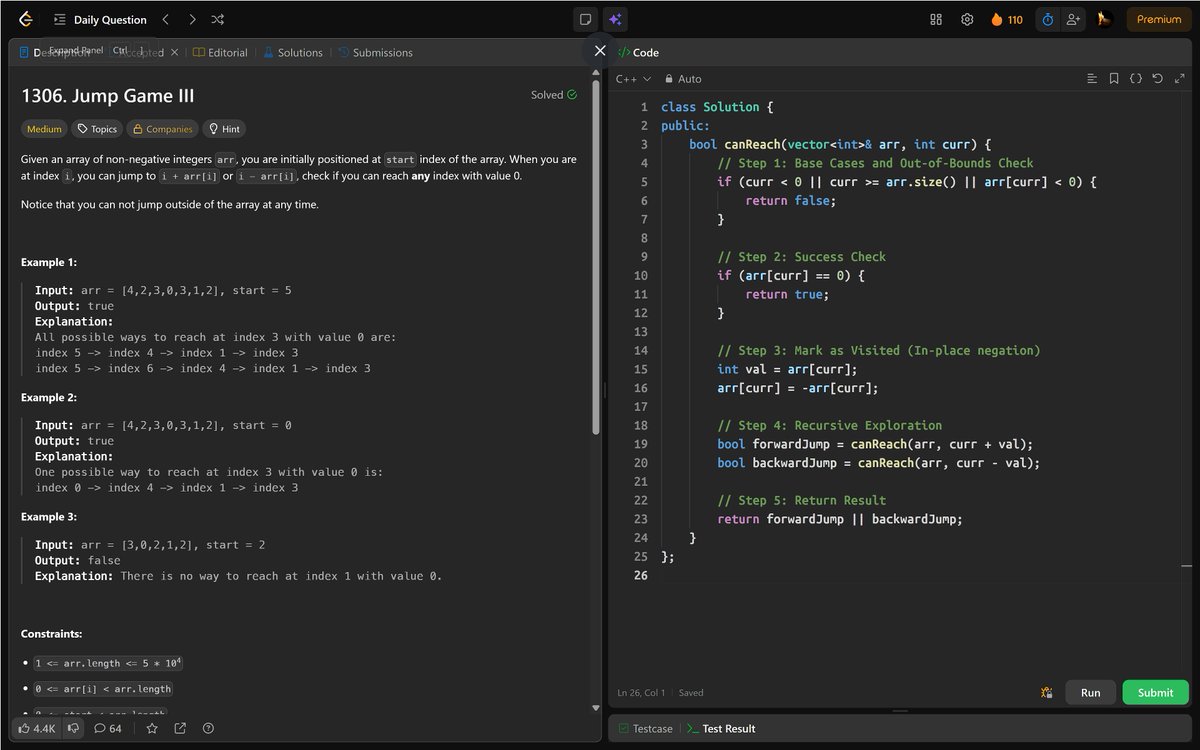 PankajB42550's tweet photo. 🚀 Solved: Jump Game III (@LeetCode - #Daily)

DFS/BFS from start. Jump to i±arr[i]. Mark visited (negate). Return true at 0.

⌛O(n) | O(n)
🔥#Day110/100

#LeetCode #DSA #DFS #BFS #Recursion #JumpGame #ProblemSolving #DSA26 #DAY110 https://t.co/nwd6E44LQY