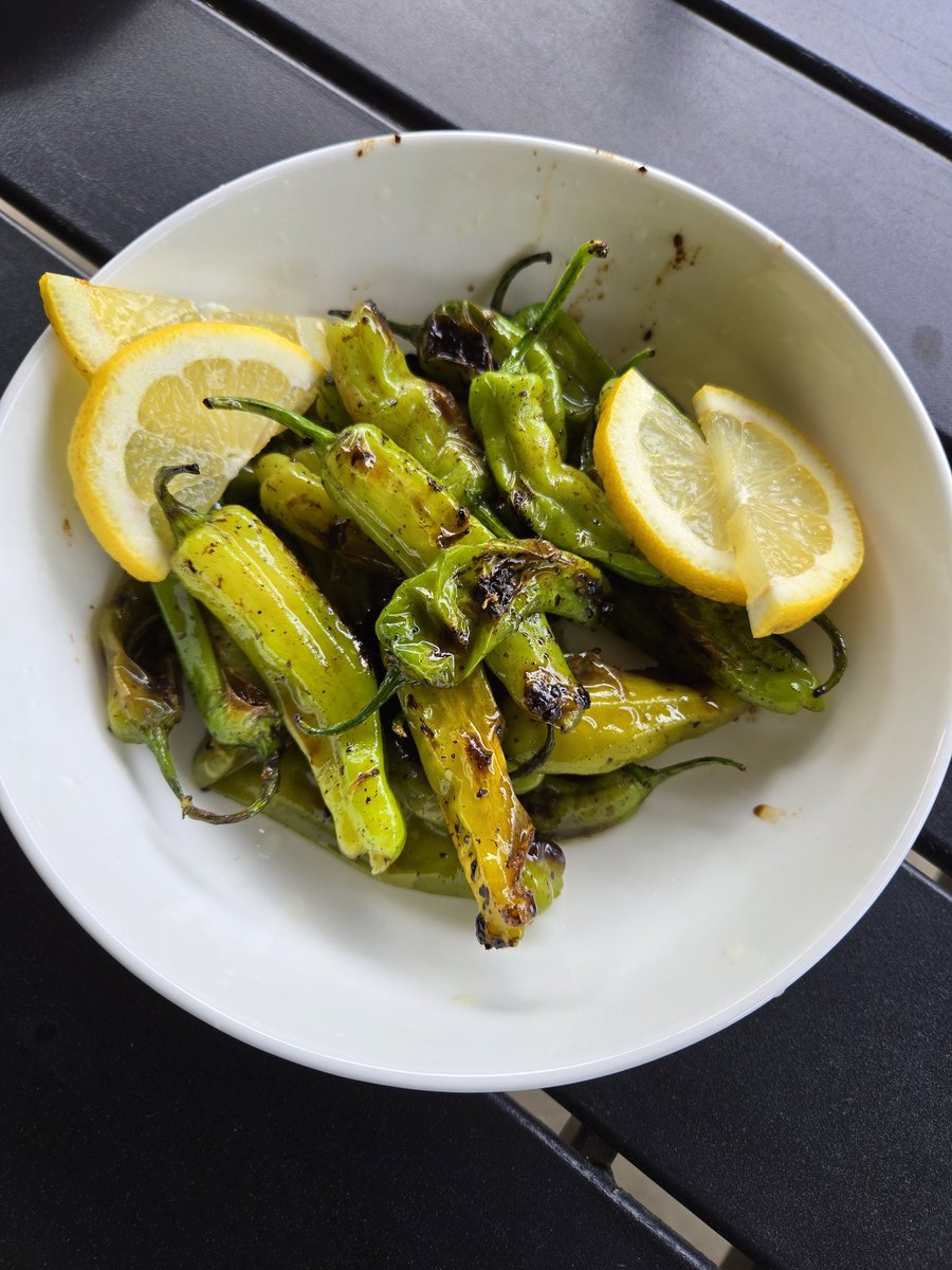 Vitosgrill's tweet photo. Shishito peppers sauteed with salt and soy sauce, finished with a bit of lemon juice https://t.co/74S6JuFdJr