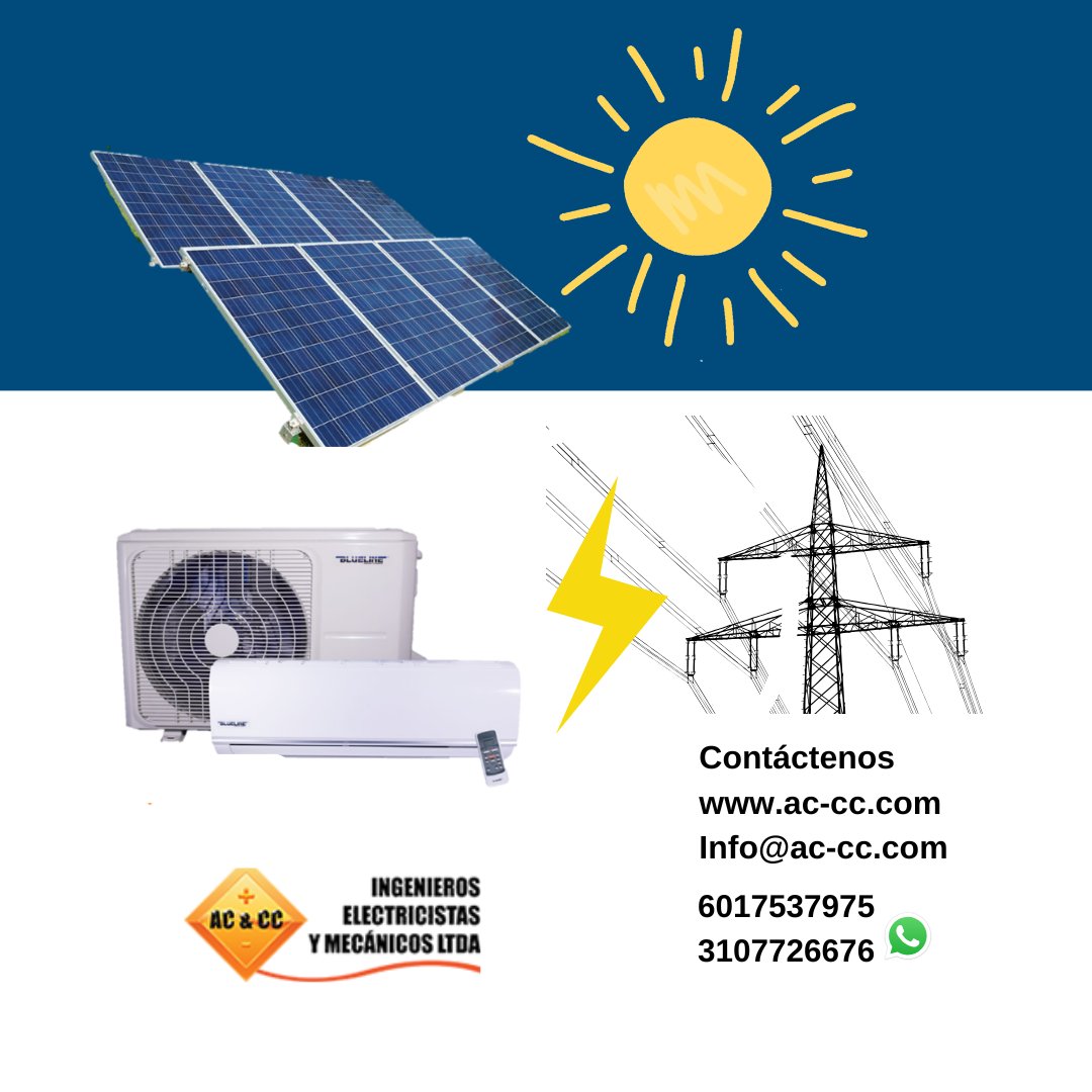 ACCCIngenieros's tweet photo. Ejemplo de uso de paneles solares para energizar un aire acondicionado solar… respaldo del 50% del tiempo de uso. https://t.co/7UYlxadYFk #EnergiaSolar #AireAcondicionado Llame a AC y CC Ingenieros y compre su #KitSolar PBX 6017537975 WhatsApp 3107726676 #EnergiaSolar https://t.co/4onp3PgQtU