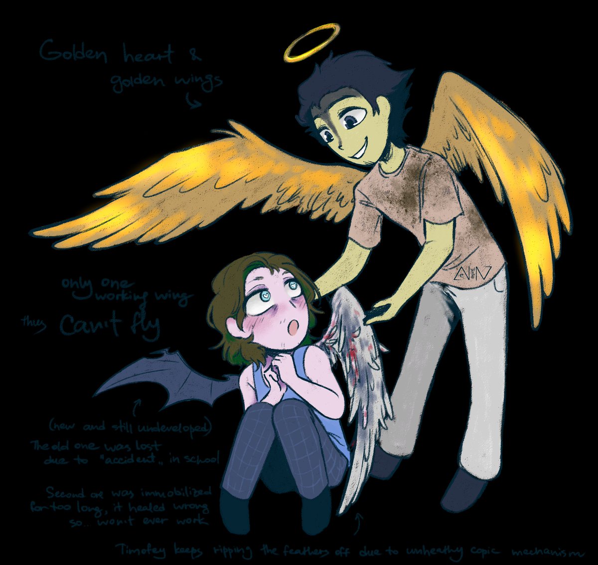 entropolin's tweet photo. #noimnotahuman #ninah #fairytaleenjoyer #creepyguy ok first request was #creepytale
in my ver timofey is not fully evil. he had been severely traumatized and that got him permanently stuck. he still has his good wing, it's turning black but can still be reversed to white https://t.co/f9zPTfxW84