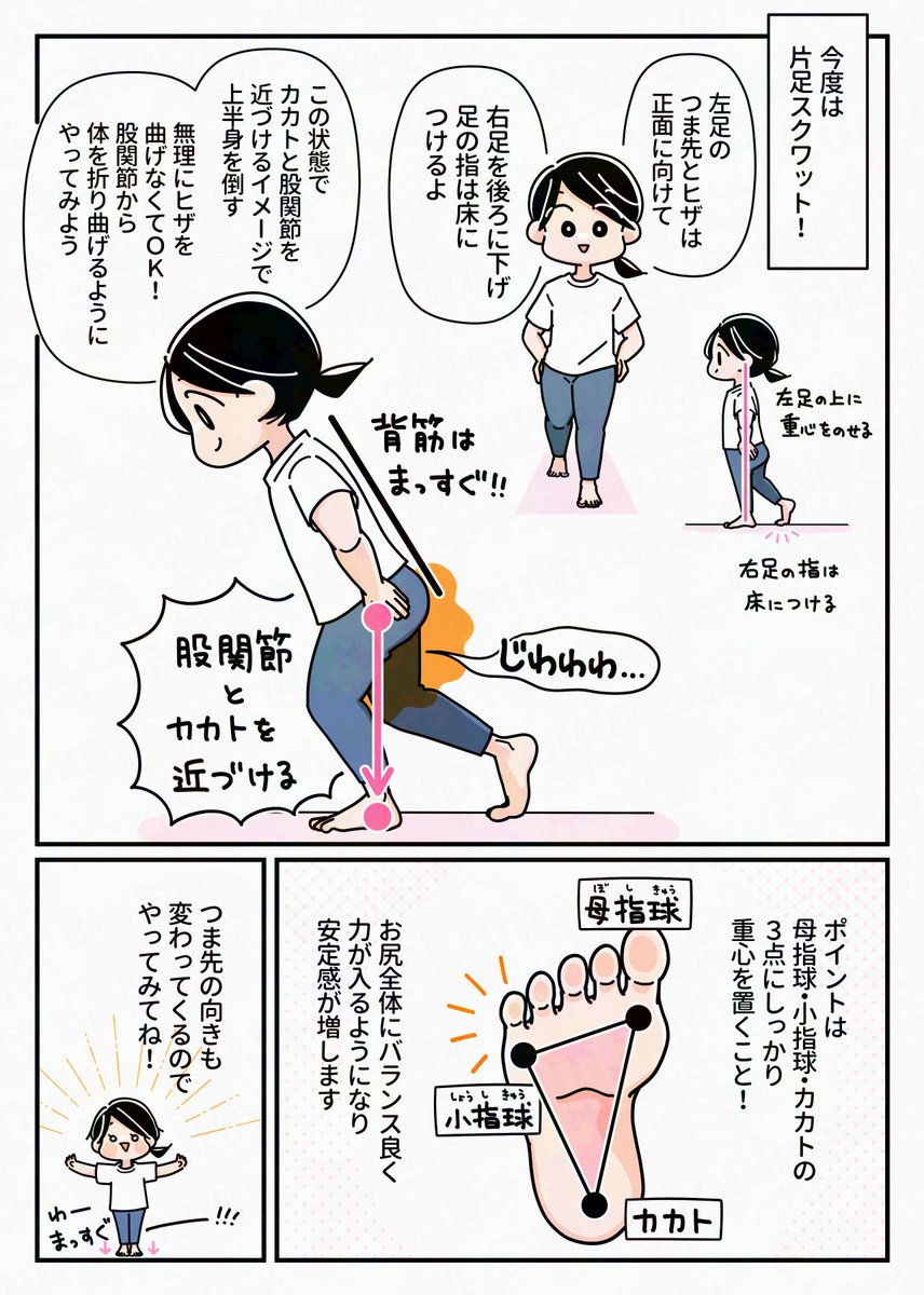 分かる!!ブルガリアンスクワットむずかしい!!!!
私はそれより少しマイルドな片足スクワットに落ち着いた。同じ片足だけど椅子に足を上げないだけでかなり安定感が上がる。