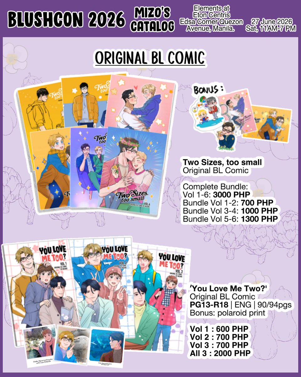 mizo_undou's tweet photo. Kamusta! ✨ 
Here’s my catalog for #BLushcon2026 💖
🚢: Karafami, Harry Potter, Dunmeshi, Haikyuu, DBH, Marvel, My S-Class Hunters, One Piece + Ori BL!
Pls fill out this interest check so I know how much stock to bring to Manila 🥹✨ https://t.co/AMj2FrGKMU #BLushcon (1/2) https://t.co/ZO0ErbiCZ8