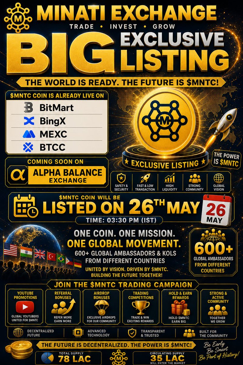 kuldeep73481174's tweet photo. @okx @ManCity 🪙 MNTC COIN BIG EXCLUSIVE LISTING!
🔥 A powerful new move is coming to the crypto market!
📈 With 78 Lac Total Supply and 35 Lac Circulating Supply, MNTC is getting ready.

🚀 Don’t miss it — 26th May at 03:30 PM (IST)!

#MNTC #CryptoLaunch #MinatiExchange #MNTCListing https://t.co/oi1FGhifMF