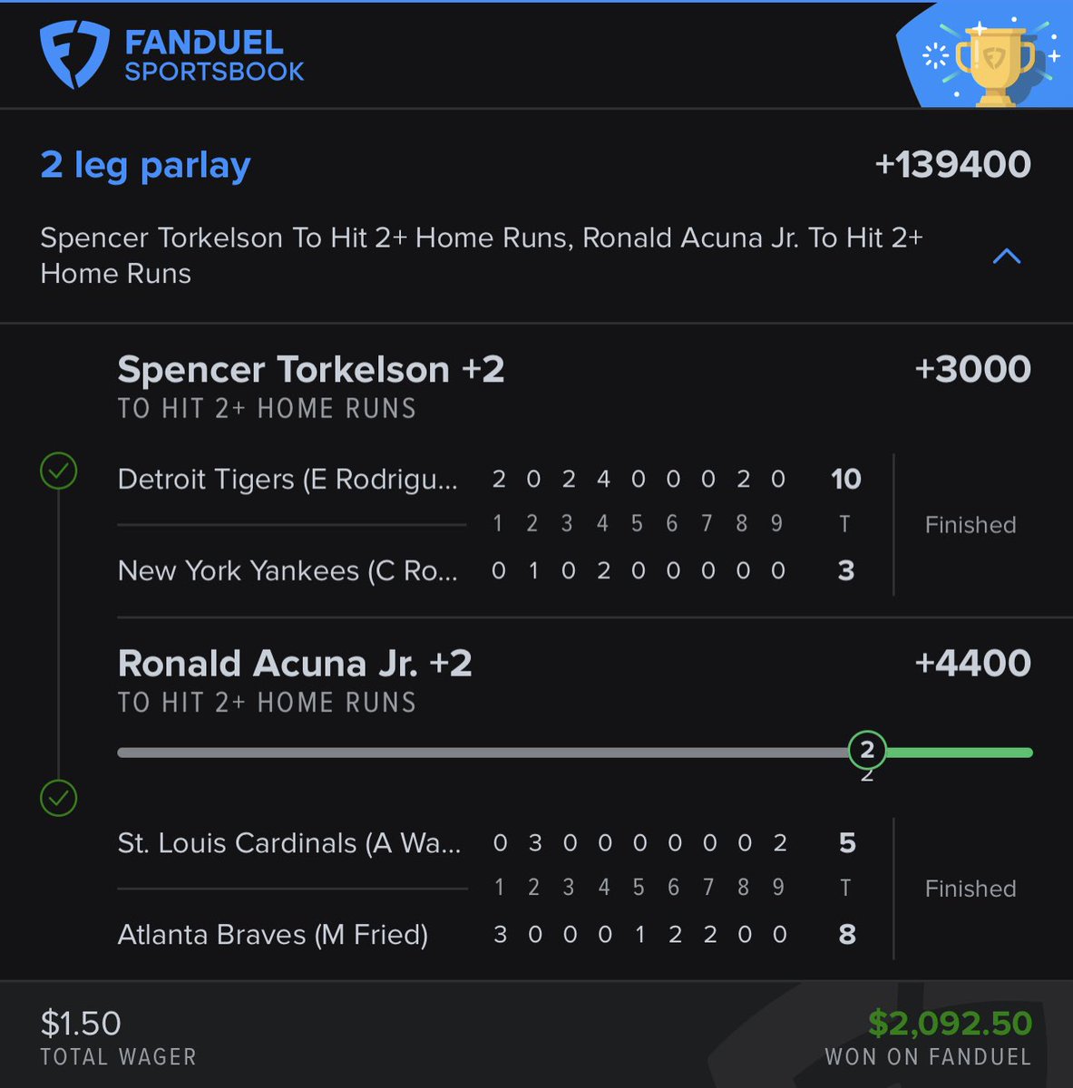 DBRHCas's tweet photo. These still my top 4 plays till this day. Baseball one from 2023 and then two college basketball ones and NBA one from February 2025. I still can’t believe I hit those college ones since all I did was look at last 5 games from each team and made a pick plus Idk the sport well https://t.co/swA6lITV2s