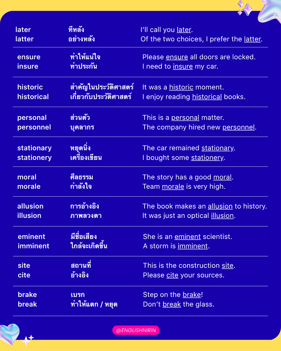 englishnirin's tweet photo. ❝หลาย VOCAB หน้าตาคล้ายแต่ก็ความหมายอาจต่างกัน อย่าลืมดูให้ถี่ถ้วนและใช้ให้เชี่ยวชาญกันนะคะ ♡ ⠂⠂୨୧💕
.
📒✧. ติว TGAT ENG & A-Level ENG อัพคะเเนน 80-90+
อัพคะแนนปัง ๆ กับพี่หมอนิริน : @englishnirin
.
📒✧. ติวฟรีใน Youtube พี่หมอนิริน ข้อสอบเก่า ปูพื้นฐาน
สอน Vocab เสิร์ช “English Nirin” ได้เลย
.
#DEK70 #TCAS70 #TGAT70 #ALEVEL70 #ALEVEL #ALEVELENG