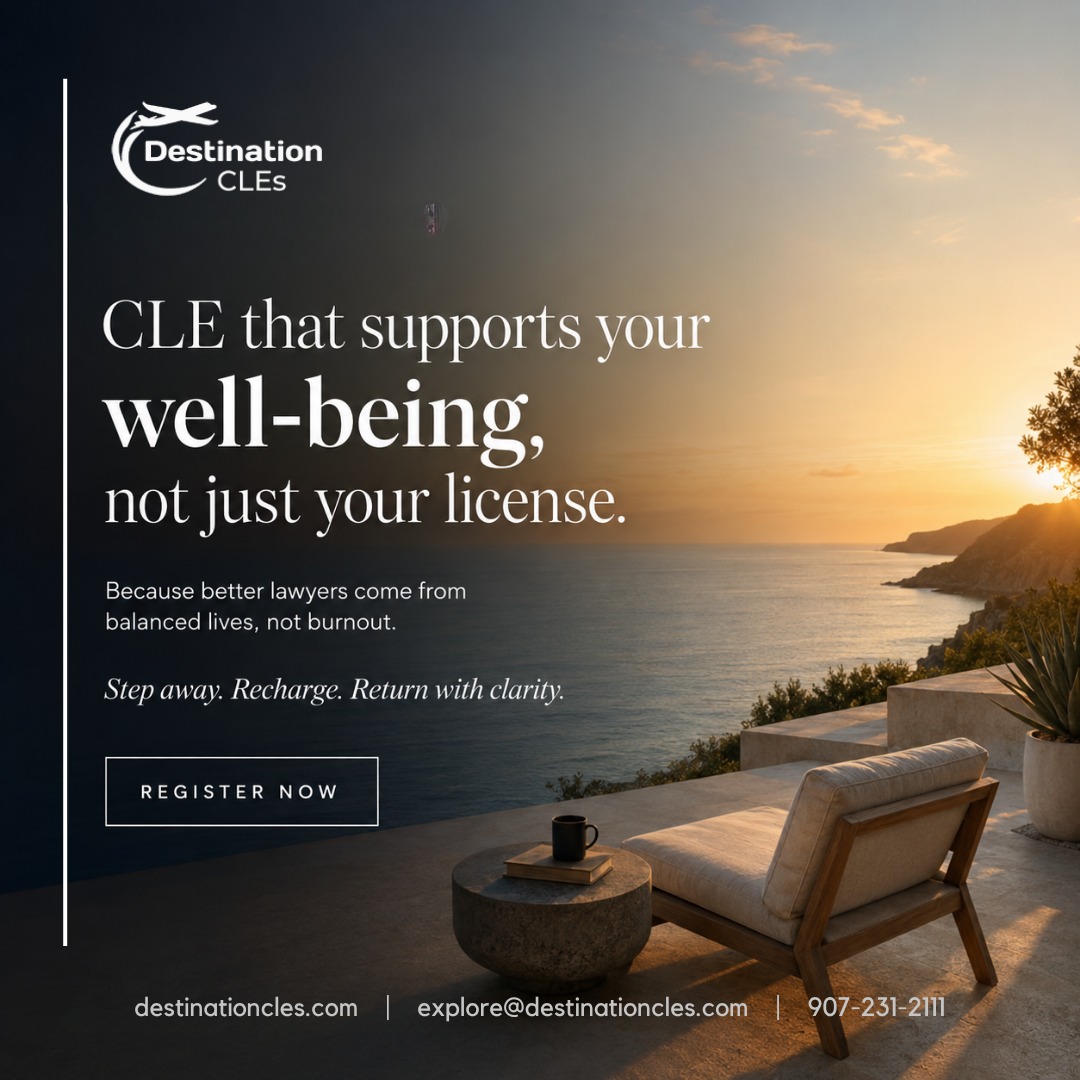 DestinationCLEs's tweet photo. Your CLE credits should support more than your license — they should support your well-being too.

Step away from the daily grind and return recharged, focused, and inspired with Destination CLEs.

📍 https://t.co/ZxXyoPNDZ4

#DestinationCLEs #CLETravel #AttorneyWellness #Lawyer https://t.co/fSBInM5V6c