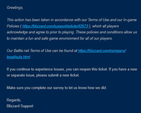 gravezzy's tweet photo. I love when I spend hundreds of hours grinding for glad in TBC Anniversary, and @blizzardCS bans me for acc sharing. Over 500 people banned, some guilty im sure, but some absolutely innocent. I appeal and get this canned BS AI response - another false ban... SOD all over again zz https://t.co/98TlBYG2D1